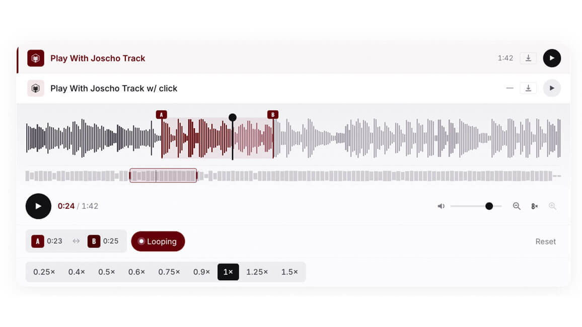The Loop+ Player with an A/B loop set on the waveform
